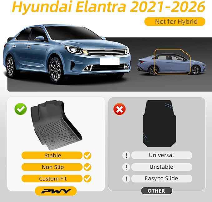 PWY Car Floor Mats for Hyundai Elantra 2021-2025 2026 (Not for Hybrid) / Hyundai Elantra N 2022-2025, TPE Custom Floor Mats, All Weather Automotive Liners, 1st & 2nd Row (3PCS), Car Accessories Set