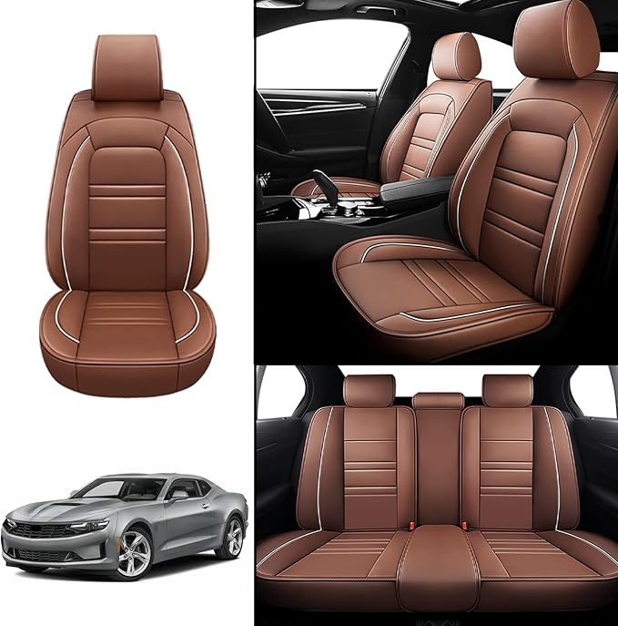 Seat Covers for Camaro 2000-2023 | 5-Seats Leather Seat Covers, Easy to Install Automotive Seat Covers Full Set (Full Set, Coffee)