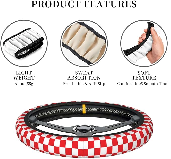 Red and White Checkered Steering Wheel Cover for Women, Universal Auto Steering Wheel 14-15 Inch Car Interior Accessories with 2PCS Car Coasters, Suitable for Men and Women