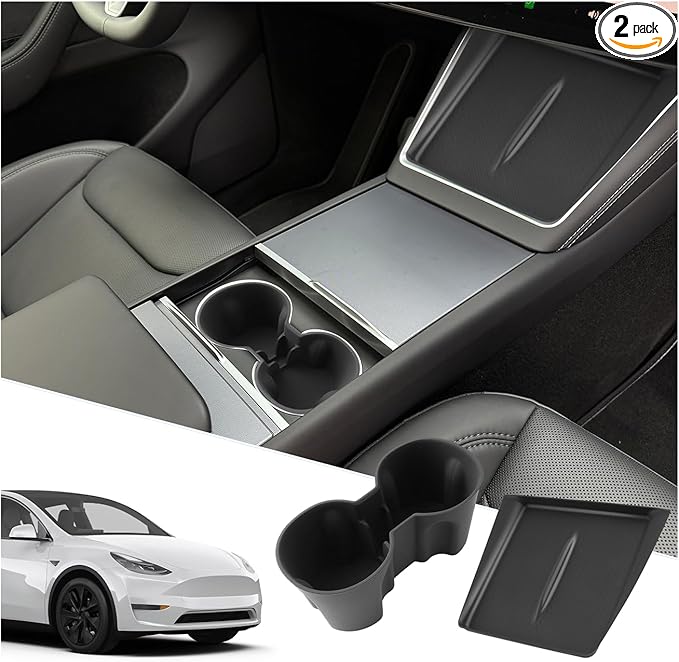 SXCY 2PCS for 2025 Tesla Model Y Accessories [Cup Holder Insert + Wireless Charging Protective Mat] Silicone Cup Holder Limiter for 2025 Model Y Drink Holder Adapter Non-Slip Drink Stopper Stabilizer