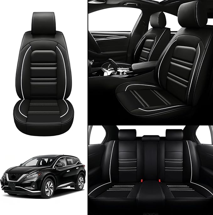 Seat Covers for Nissan Car Murano 2003-2025 | 5-Seats Leather Seat Covers, Easy to Install Automotive Seat Covers Full Set (Full Set, Black&White Line)