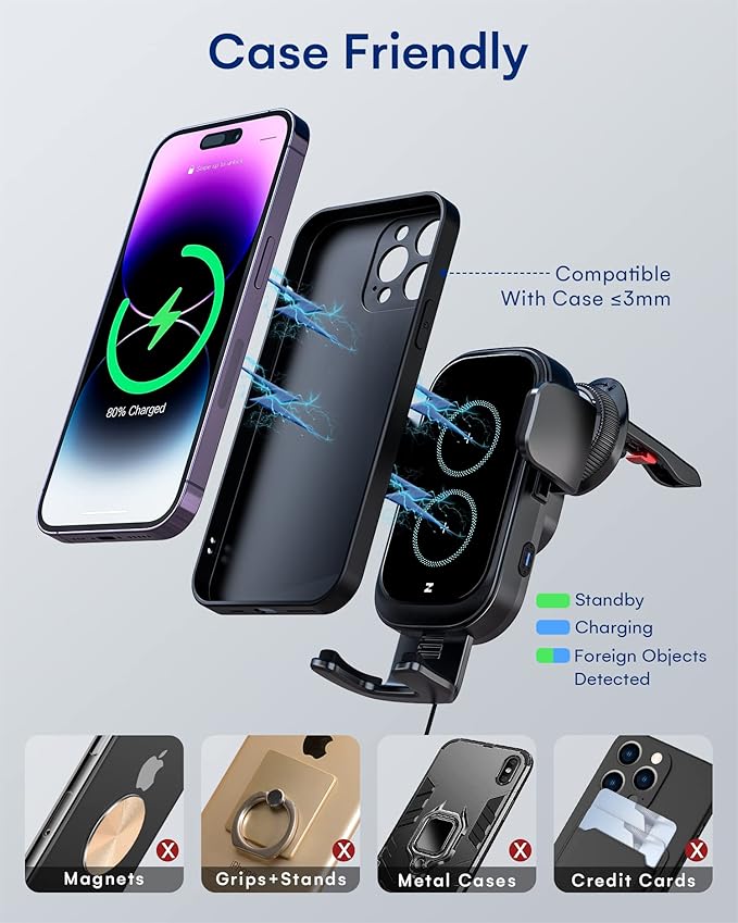Wireless Car Charger, ZEEHOO DUOXX Dual Coils 15W Fast Charging Auto-Clamping Car Mount, Dash& Vent Wireless Car Phone Charger Holder for iPhone 15 14 13 12, Samsung Z Flip 4 3, S23+, etc