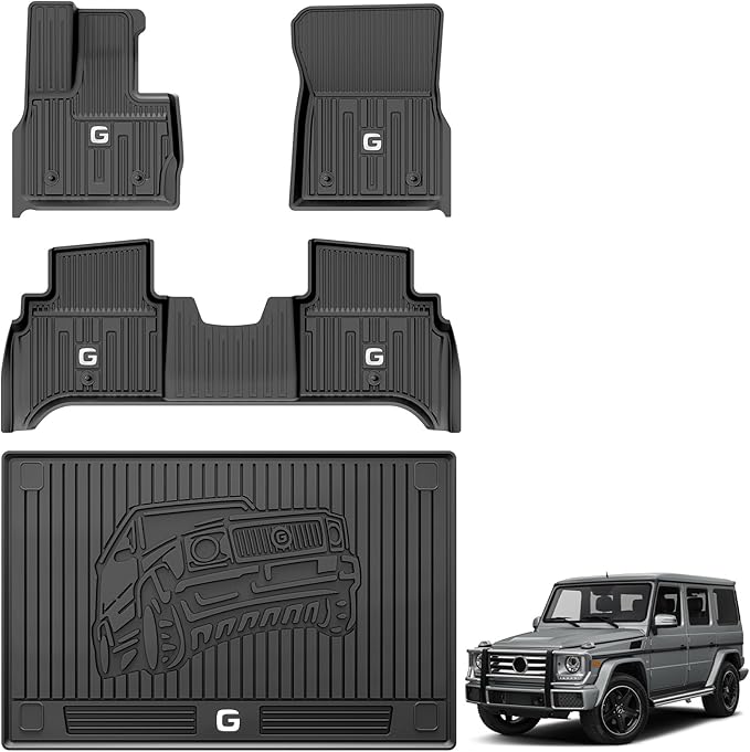 3W Floor Mats&Cargo Liner Fit for 2019-2024 2025 Mercedes-Benz G Class SUV TPE All Weather Custom Fit for G500/G550/G580/AMG G63 1st & 2nd Row with Trunk Mat Full Set Car Mats, Black