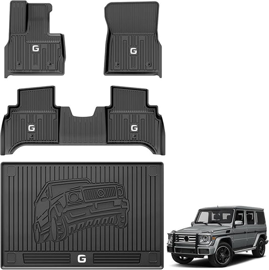 3W Floor Mats&Cargo Liner Fit for 2019-2024 2025 Mercedes-Benz G Class SUV TPE All Weather Custom Fit for G500/G550/G580/AMG G63 1st & 2nd Row with Trunk Mat Full Set Car Mats, Black