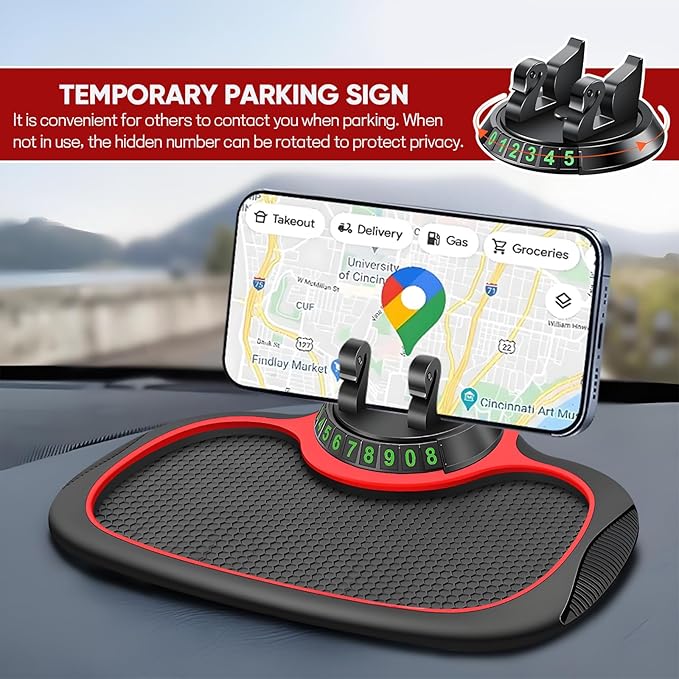 Wuyaoyao Multifunction Car Anti-Slip Mat Auto Phone Holder, PVC Car Dashboard Non-Slip Pad Phone Mount with Temporary Parking Number, Automotive Sticky Dash Pad for Phones, Keys, Gadgets (Black+Red)