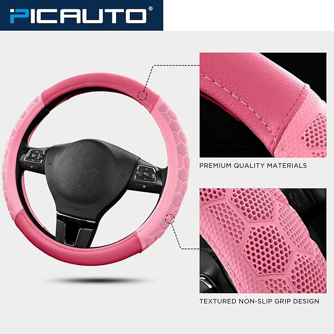 PIC AUTO Massage Steering Wheel Cover, Pink Football Pattern Material Spliced & Hotpink Leather Car Steering Wheel Cover, Car Steering Cover, Universal Fit 14.5"-15.5" for Cars, Trucks, Van, SUVs