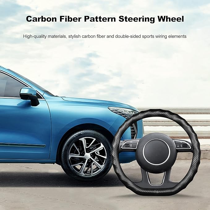 Ergocar Carbon Fiber Material Steering Wheel Cover Anti-Slip Breathable Sweat Absorbent Fashionable Sport Steering Wheel Sleeve for D-Shaped Diameter 15"（37.5-38cm）-Black Ripple