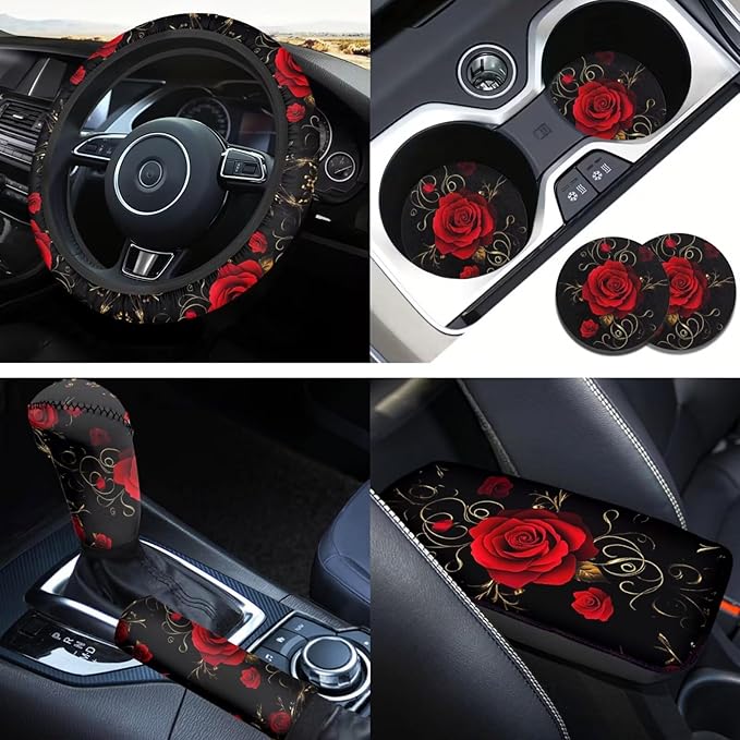 Flower Print Car Decor Set for Women Girls Red Rose Steering Wheel Cover Cup Holder Handbrake Gear Cover Car Interior Accessories -6pcs