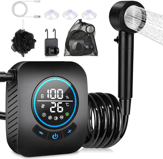 Portable Shower for Camping, [Upgraded] Spopal 8000mAh Rechargeable Camping Shower with 5 Adjustable Speeds, 4 Spray Modes, LED Display, IPX8 Waterproof Outdoor Shower Kit for Hiking, Travel, Car, Pet