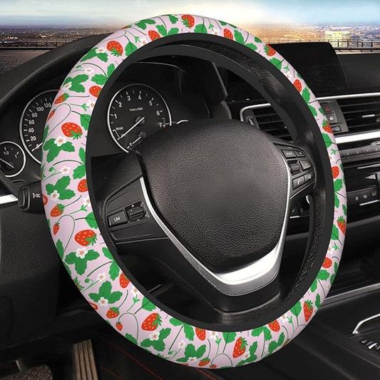 Strawberry Steering Wheel Cover for Women Elastic Rubber Steering Wheel Universal 15 Inch Fit for Cars, Auto, SUVs
