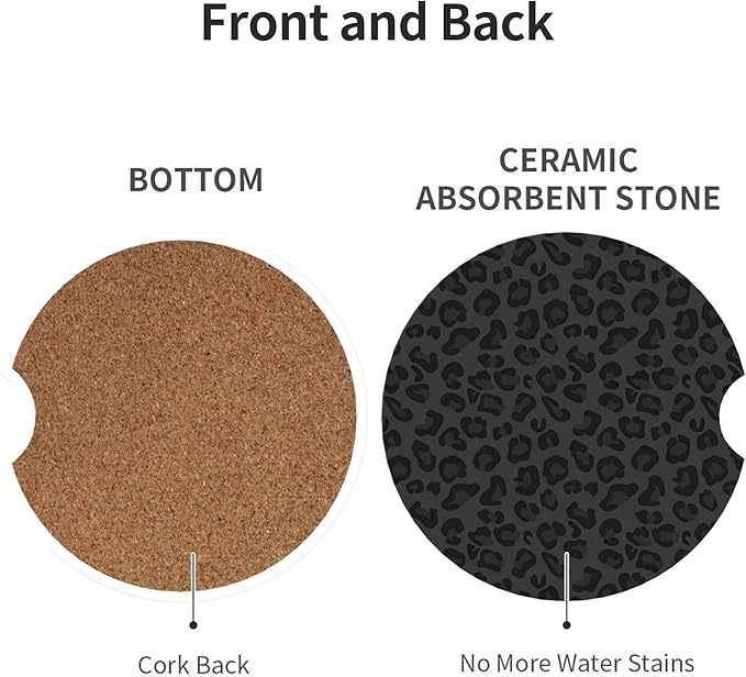 Absorbent Car Coasters for Cup Holders, 2 Pack Universal Anti Slip Ceramic Cup Coaster for Women Men 2.56 Inch Car Interior Accessories - Black Leopard Print 001