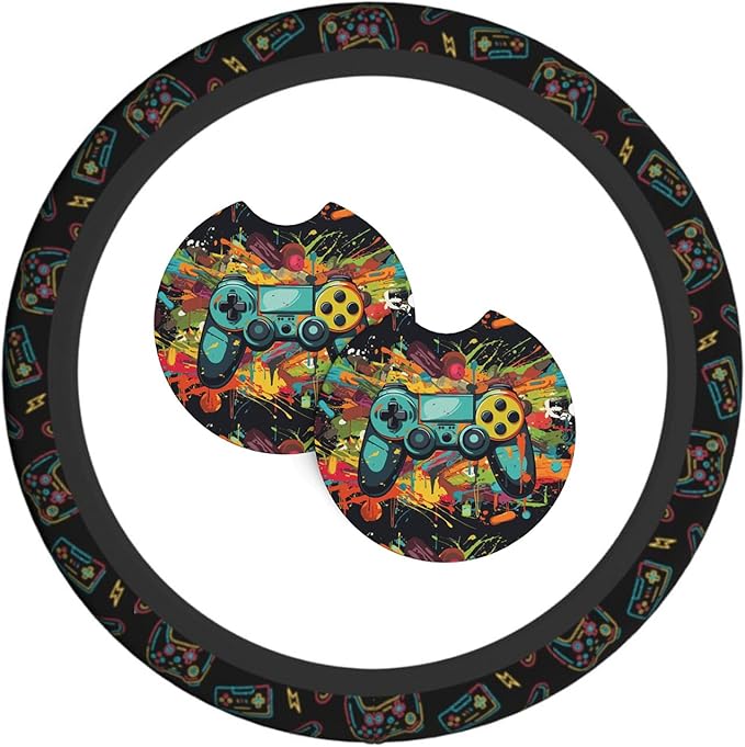 Game Steering Wheel Cover with 2 Car Coasters Non Slip Neoprene for Women Men Universal 15 Inch