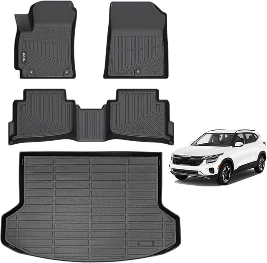 AIPOIL® Floor Mats & Cargo Liner Set for 2024 2025 2026 Kia Seltos (Cargo Liner Only Fit The Upper Layer) All Weather Protection TPE Anti-Slip Automotive Full Set Custom Car Mats Accessories - Black