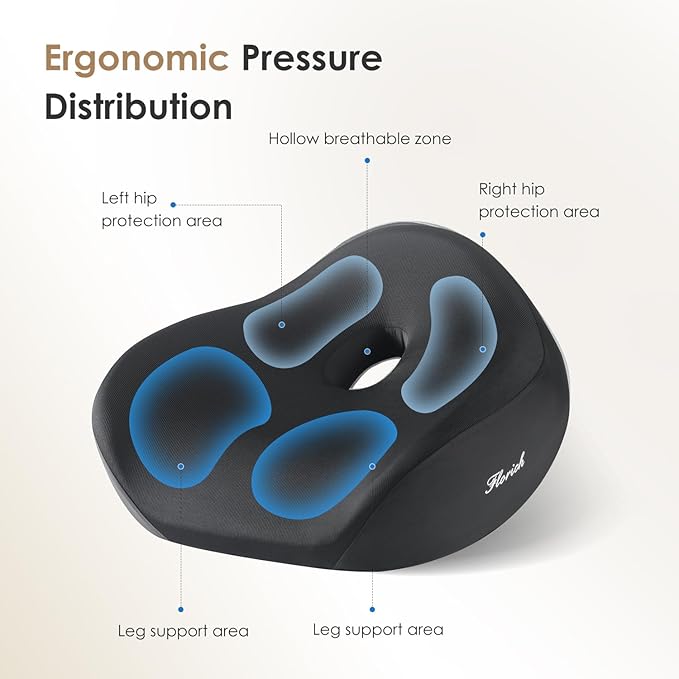 FLORICH Seat Cushion, Memory Foam Seat Cushion for Car Office Chair, Ergonomic Office Seat Chair Cushion for Sciatica Pain Relief, Larger Seat Cushion for for Long Sitting Office Workers - Black