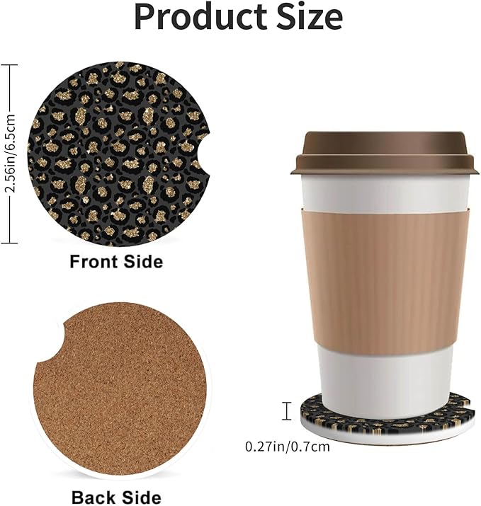 Absorbent Car Coasters for Cup Holders, 2 Pack Universal Anti Slip Ceramic Cup Coaster for Women Men 2.56 Inch Car Interior Accessories - Black Gold Leopard 003