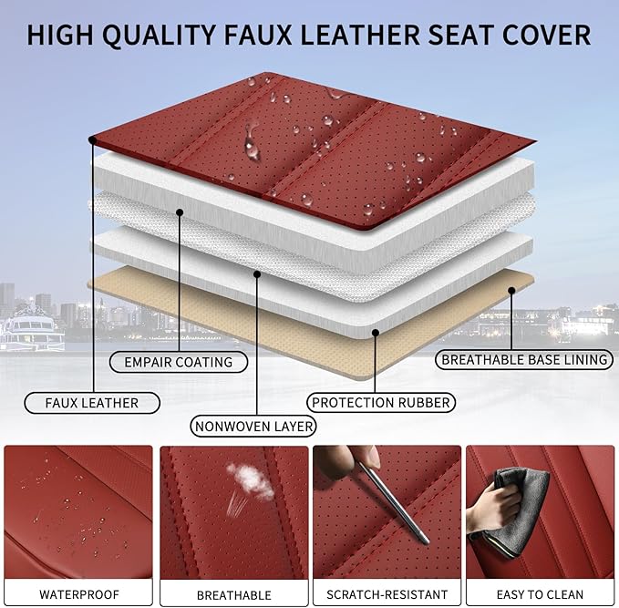 Red Car Seat Covers Full Set, Universal Leather Seat Cover for Cars 5 Seats, Waterproof and Breathable Automotive Seat Cover Front and Rear Seat Covers for Most Trucks, Sedans, SUVs