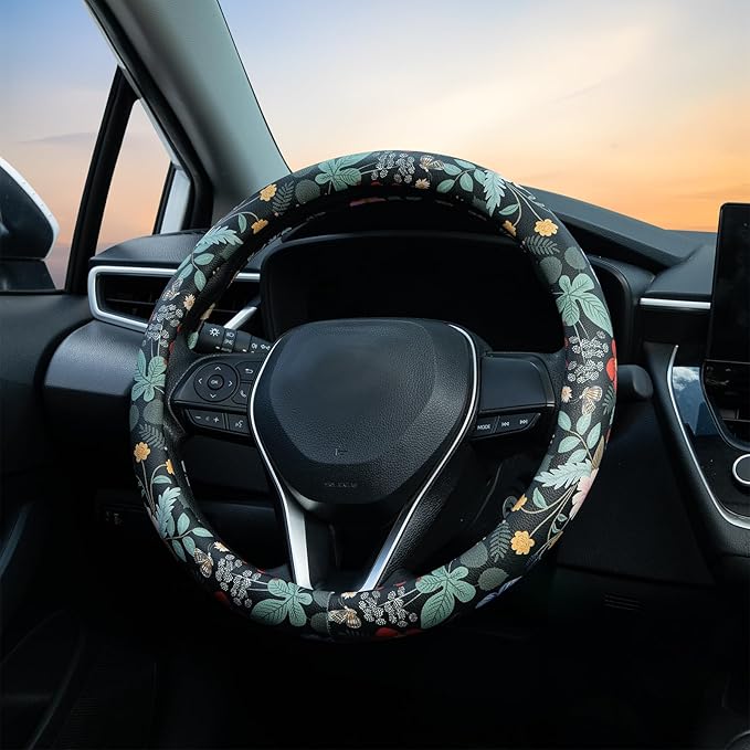 Flowers and Strawberries Steering Wheel Cover Auto Leather Steering Wheel Protector, Anti-Slip, Breathable, Absorbing Sweat, Universal Car Accessories 14.5–15 inch,Fit for Most Car, Trucks, SUV