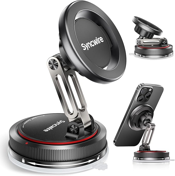 SYNCWIRE for MagSafe Car Mount [2-Axis Design] Nano Adhesive Gel + Suction Cup Magnetic Phone Holder for Dashboard & Windshield, 360° Adjustable for iPhone 17 16 15 14 13 12 11, Samsung, Matte Black