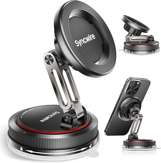 SYNCWIRE for MagSafe Car Mount [2-Axis Design] Nano Adhesive Gel + Suction Cup Magnetic Phone Holder for Dashboard & Windshield, 360° Adjustable for iPhone 17 16 15 14 13 12 11, Samsung, Matte Black