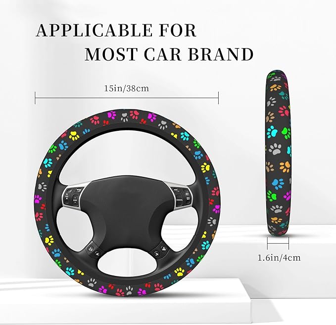 Dog Paw Steering Wheel Cover for Women Men, 15 Inches Colorful Animal Paws Neoprene Anti-Slip Cute Universal Car Steering Wheel Grip Wrap Car Accessories Protective Case Cover for Vehicle Truck SUV