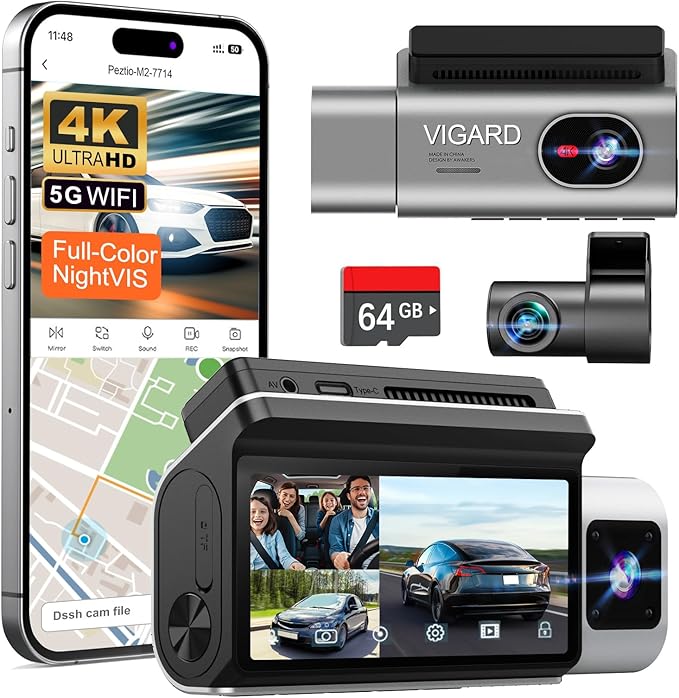 3 Channel 4K Dash Cam Front and Rear Inside for Cars, Sony Sensor, 1080P Cabin and Rear, Wide Angle, Night Vision, WiFi GPS, Parking Monitor, Loop Recording, Touch Screen, 64GB Card Included
