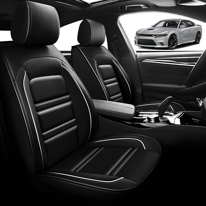 Seat Cover for Dodge Charger 2006-2023 | Car Seat Covers Front Seats, Waterproof Seat Protectors, Automotive Front Seat Covers (Front Seat, Black&White Line)