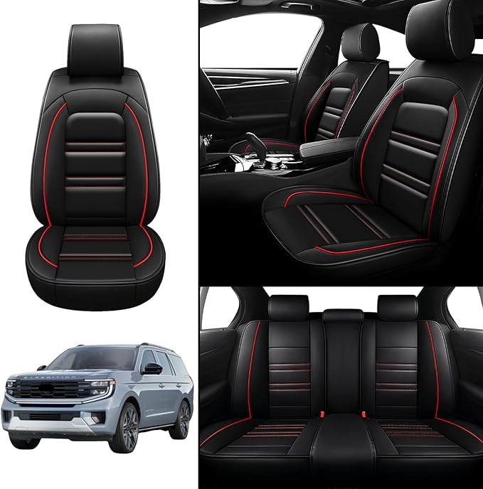 Seat Covers for Ford Expedition 1997-2025 | 5-Seats Leather Seat Covers, Easy to Install Automotive Seat Covers Full Set (Full Set, Black&Red Line)