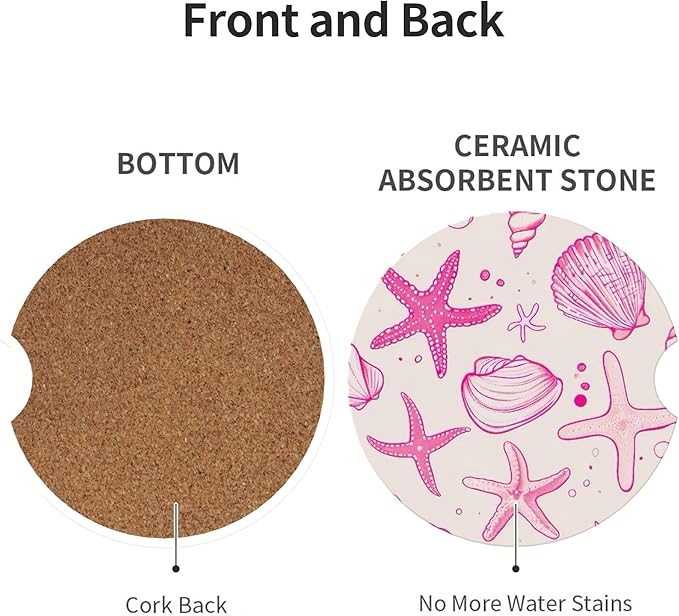 Absorbent Car Coasters for Cup Holders, 2 Pack Universal Anti Slip Ceramic Cup Coaster for Women Men 2.56 Inch Car Interior Accessories - Pink Sea Shell 014