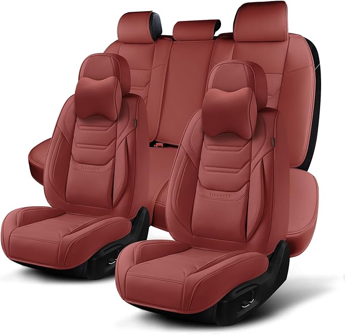 Wine Red Car Seat Covers Full Set, Breathable Leather Automotive Front and Rear Seat Covers & Headrest for Comfortable Driving, Universal Auto Interior Fit for Most Kinds of Vehicles, Cars