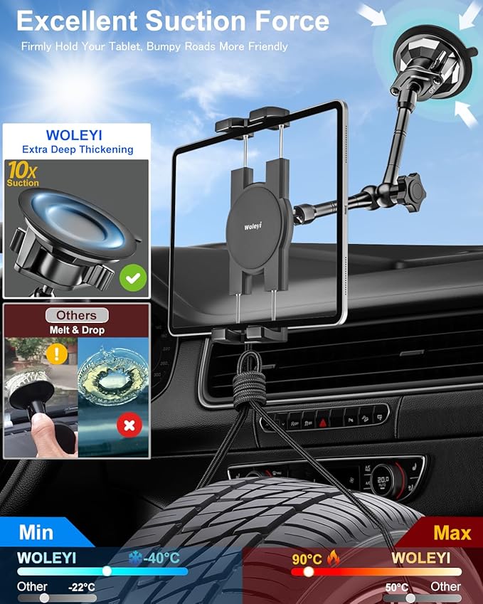 woleyi Heavy Duty Truck Tablet Mount [Metal Arm] Dashboard Windshield Suction Cup Tablet Holder for Trucks/Vehicles, Compatible with iPad Pro Air Mini, Galaxy Tab, Z Fold, Cell Phones, 4.7-13" Devices