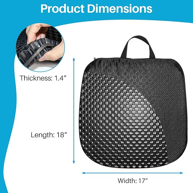 Gel Seat Cushion for Long Sitting With handle-Large & Thick & Soft & Breathable-Gel Cushion for Wheelchair, Gel Chair Cushion for Hip Pain, Gel Seat Cushion for Office Chair (Black, 18 x 17 inches)