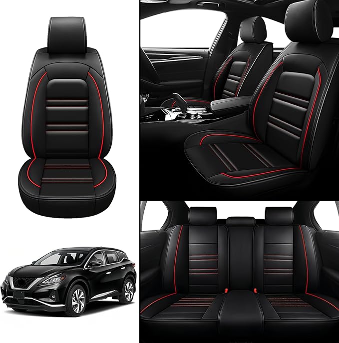 Seat Covers for Nissan Car Murano 2003-2025 | 5-Seats Leather Seat Covers, Easy to Install Automotive Seat Covers Full Set (Full Set, Black&Red Line)