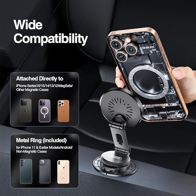 15W Magnetic Wireless Car Mount Charger,XO Foldable and Adjustable Fast Charging Phone Holder, Ultra Mag Safe Car Charger for iPhone 16 15 14 13 12, Gifts for Men/Women