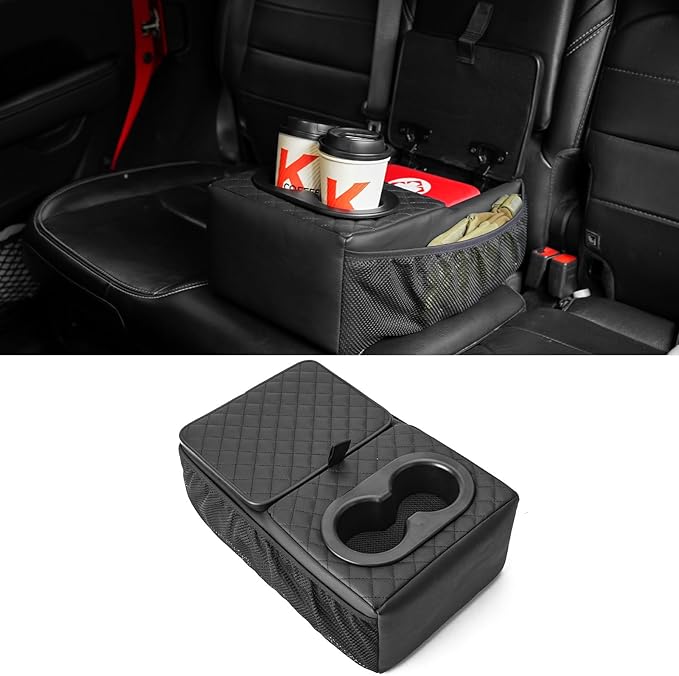 FURYENGRAVER Universal Rear Seat Armrest Rear Bench Seat Consoles with Cup Holder, Large Storage Box,2 Storage Bags Truck Seat Organizer