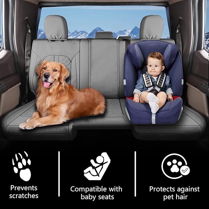 Truckiipa Custom for Chevy Silverado 1500 Seat Covers FullSet Leather Truck Seat Cover Fit for 2014-2018 Chevy Silverado GMC Sierra 1500, 2015-2019 2500HD 3500HD Double Crew Extended Cab,Full Set,Grey