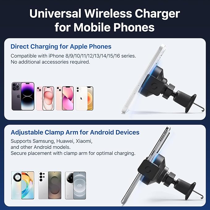 Wireless Car Charger, 15W Fast Car Mount Charger for iPhone 17/16/15/14/13/12/11/10/9/8 Series & Samsung, Auto-Clamping Magnetic Car Phone Holder with Fast Charging for Car & Home Use,Black