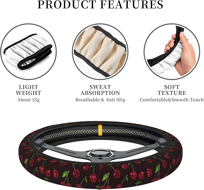 Red Cherry Steering Wheel Cover for Women, Universal 15 inch Breathable Anti Slip Steering Wheel Covers for Cars, Auto, SUVs