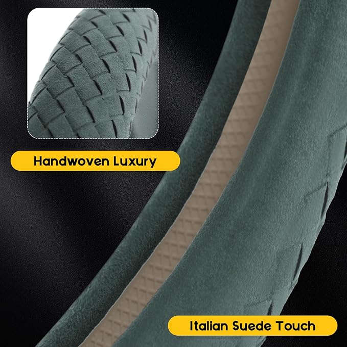 Suede Steering Wheel Cover with Upgraded Silicone Inner Ring, Breathable, Anti-Slip, Leather Universal 14.5 to 15 Inch Steering Wheel Cover (Green with Handwoven Craft)