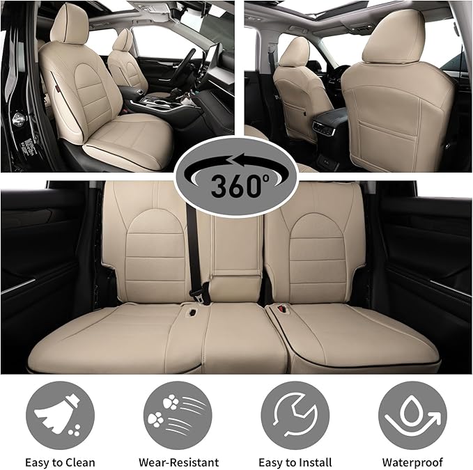 EKR Highlander Seat Covers for Toyota Highlander 2014 2015 2016 2017 2018 2019,2nd Row Captain Chairs,Automotive Seat Cover,Waterproof Leather Car Seat Cover Full Set-Faux Leather(Beige)