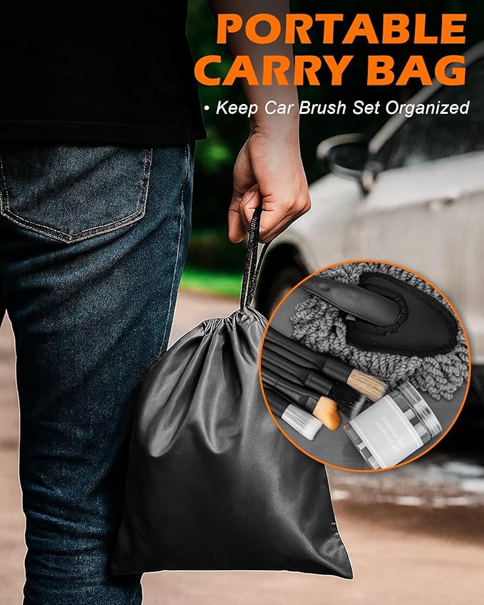 8PCS Car Detailing Brush Set, Interior Car Cleaning Kit with Dash Duster, 4 Detailing Brushes (Soft to Hard), Microfiber Towel, Cleaning Gel, for Vents, Dashboard & Leather Seats