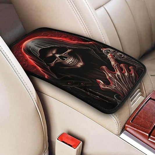 Universal Car Center Console Cushion Pad, Cool Red Skull Soft Waterproof Car Center Console Cover Auto Armrest Seat Box Cover Protector for Most Vehicle SUV Truck Car