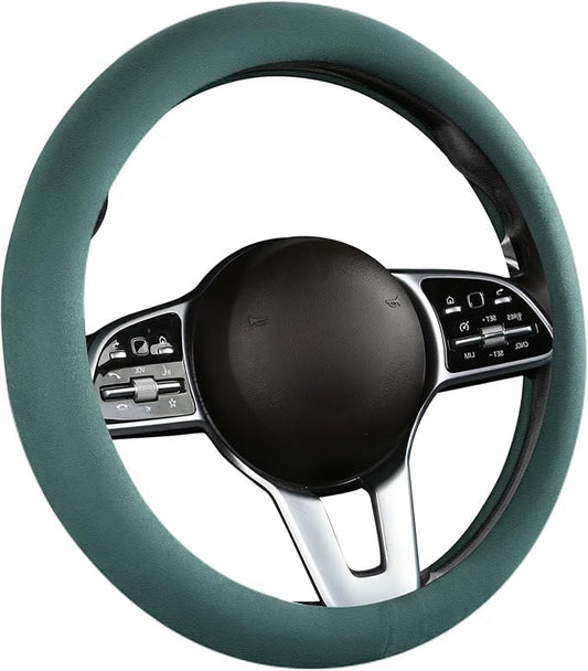 Suede Steering Wheel Cover with Upgraded Silicone Inner Ring, Breathable, Anti-Slip, Leather Universal 14.5 to 15 Inch Steering Wheel Cover (Pure Green)