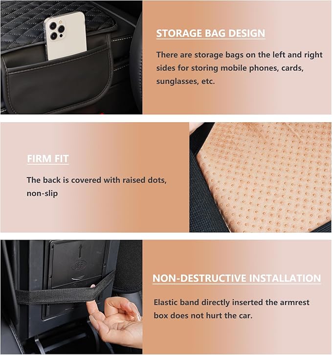 Upgraded Car Center Console Cover, Microfiber Leather Car Armrest Cover Cushion with 2 Storage Bags, Universal Car Armrest Storage Box Cover, Car Interior Accessories for Most Vehicles, Black