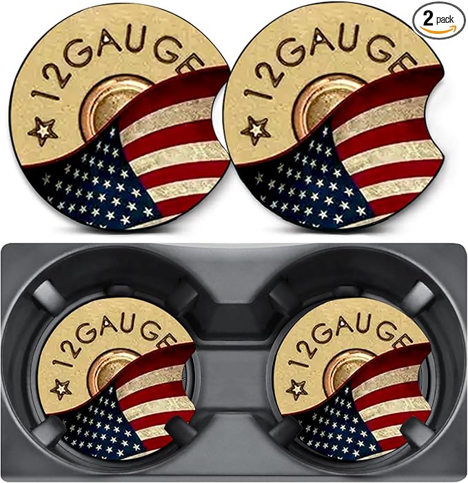 2 Pack Car Coasters for Cup Holders,Single Bullet Flag Car Coasters,2.75" Universal Size Anti Slip Rubber Mat,Automotive Interior Accessories,Auto Cup Holder Decor,Gifts for Father Men Women