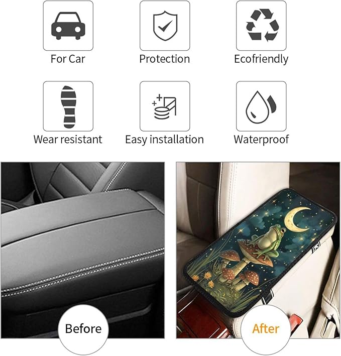 Universal Car Center Console Cushion Pad, Mushroom Moon Frog Soft Waterproof Car Center Console Cover Auto Armrest Seat Box Cover Protector for Most Vehicle SUV Truck Car
