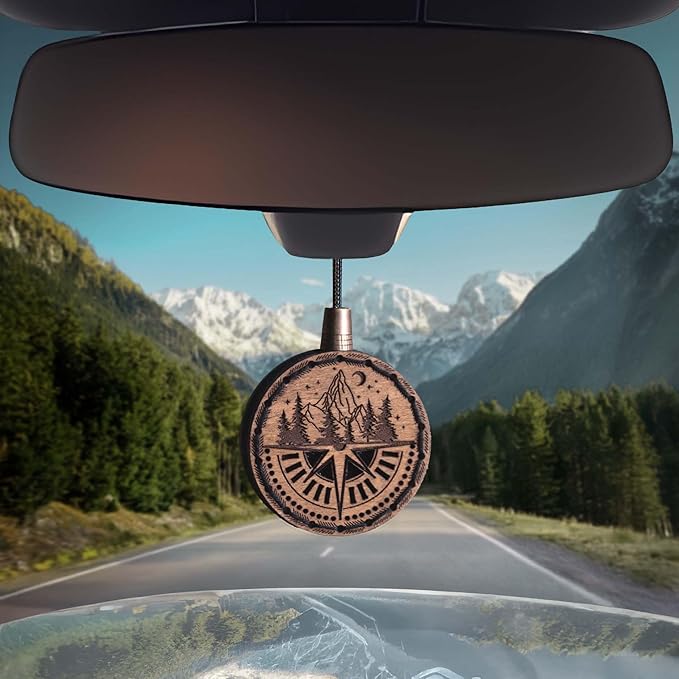 Wood Car Air Freshener — Handmade Car Air Freshener — Compass Mountains Designed Fragrance Oil Diffuser in Wooden Gift Box — Aromatherapy Set with diAquatoria Fragrance Oil - 10 ml