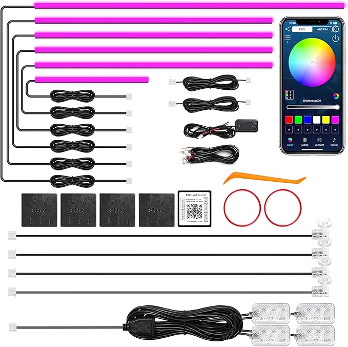 Acrylic Interior Car LED Strip Light with Wireless APP, RGB 14 in 1 with 175 inches 612 LEDs Fiber Optic Strip Lights for Car, Dual Zone Music Sync Neon Car Ambient Lighting Kits