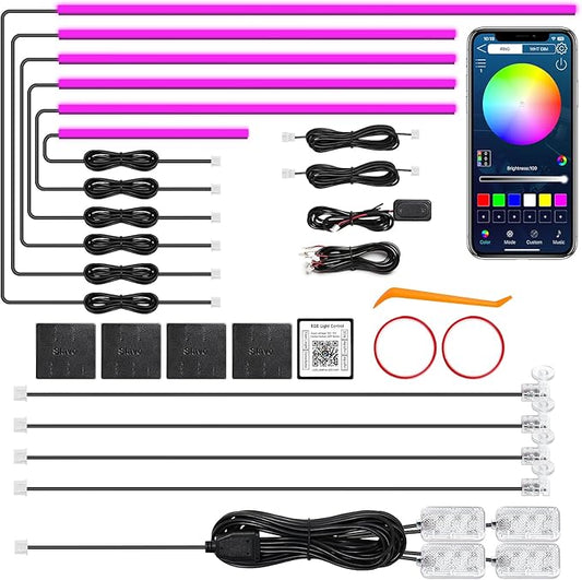 Acrylic Interior Car LED Strip Light with Wireless APP, RGB 14 in 1 with 175 inches 612 LEDs Fiber Optic Strip Lights for Car, Dual Zone Music Sync Neon Car Ambient Lighting Kits