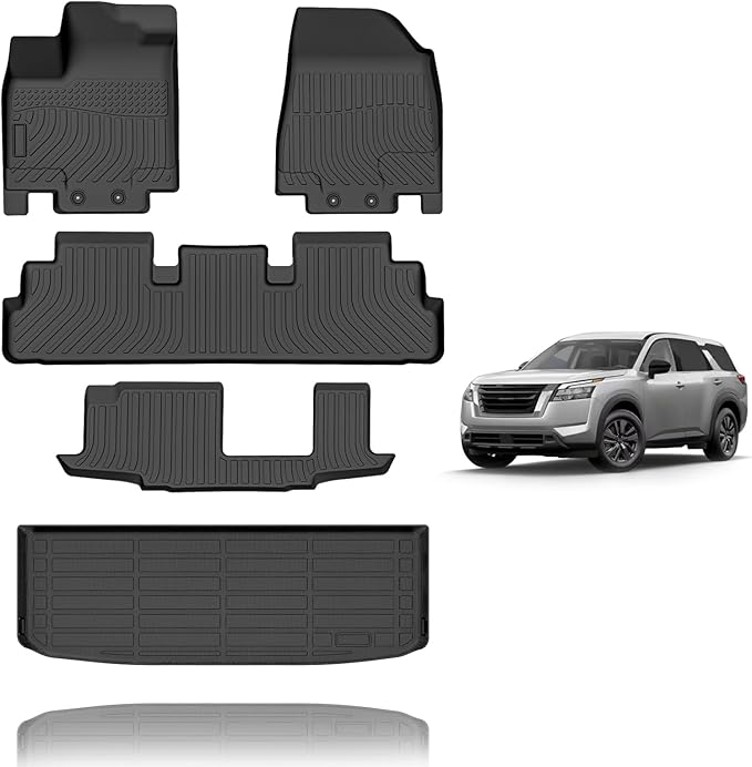 All Weather Car Floor Mats & Cargo Liner Set Fit for Nissan Pathfinder 8 Seat 2022 2023 2024 2025 Floor Liners Trunk Liner Pathfinder Cargo Mat Accessories Black