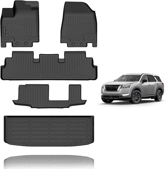 All Weather Car Floor Mats & Cargo Liner Set Fit for Nissan Pathfinder 8 Seat 2022 2023 2024 2025 Floor Liners Trunk Liner Pathfinder Cargo Mat Accessories Black
